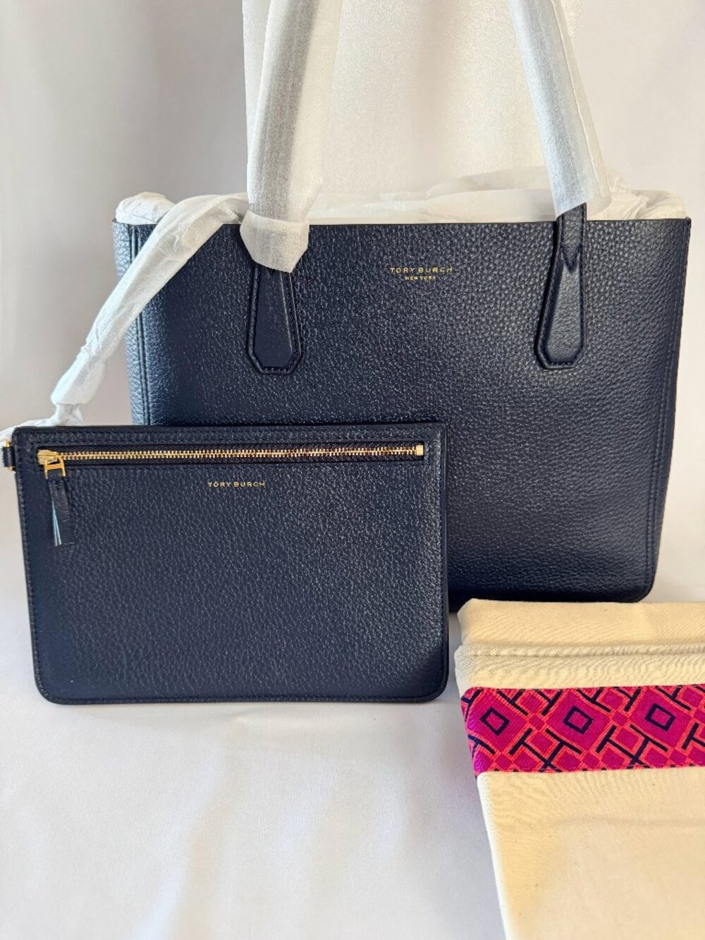 New Tory Burch Pebbled Leather Phoebe Tote, Royal Navy & Buffalo Reversible, NWT